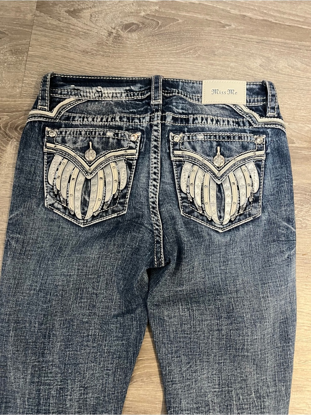 Miss Me Dark Wash Jeans with White Embellished Back Pockets